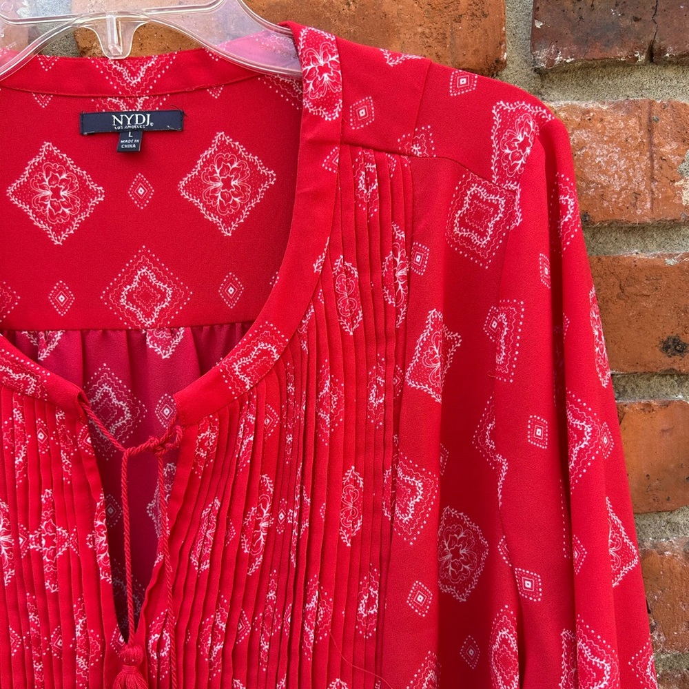 NYDJ Red Printed Pintuck Peasant Blouse L - Picture 3 of 7